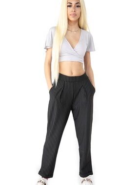 High-Waist Pinstripe Tapered Pants - Black